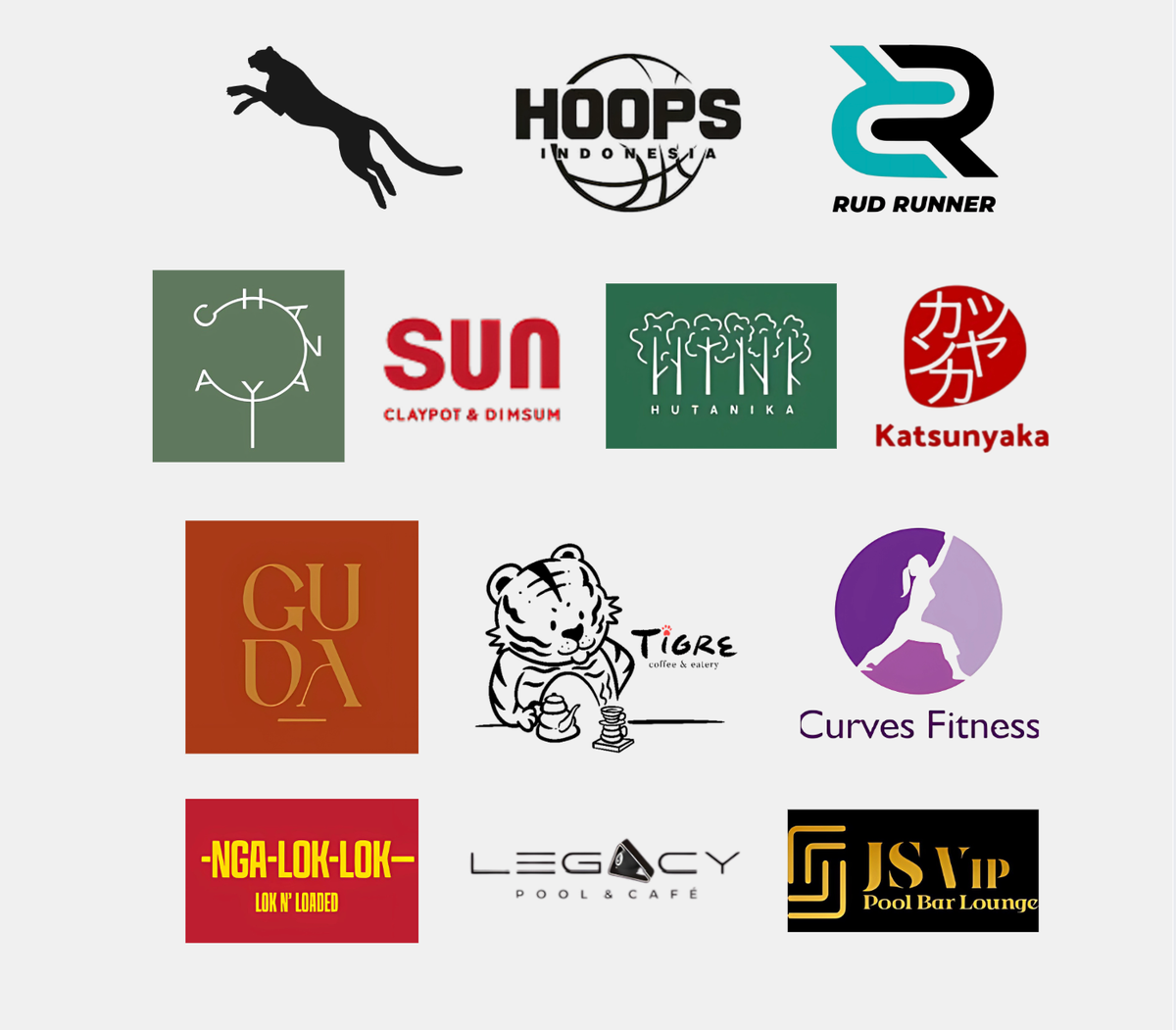 Logo klien JAudio: Hoops Indonesia, Rud Runner, Chanaya, Sun Claypot & Dimsum, Hutanika, Katsunyaka, Guda, Tigre, Curves Fitness, Nga-Lok-Lok, Legacy Pool & Cafe, JS VIP
